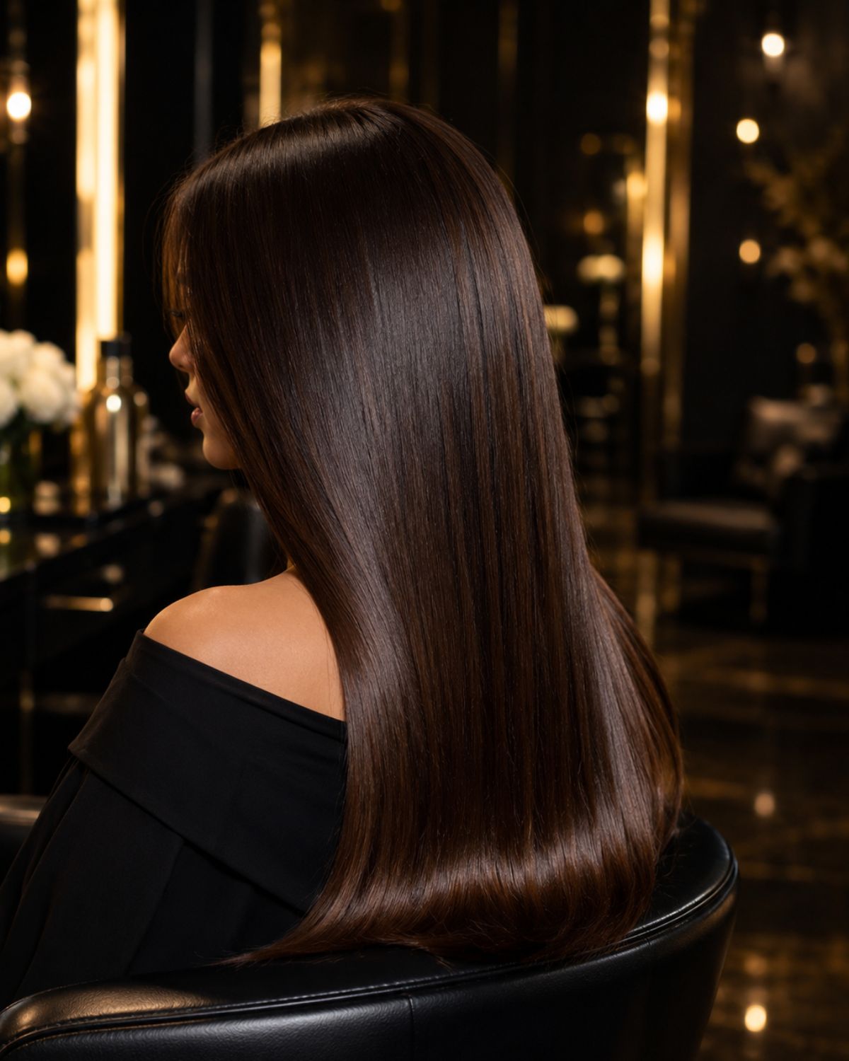Long straight glossy hair after professional straightening treatment
