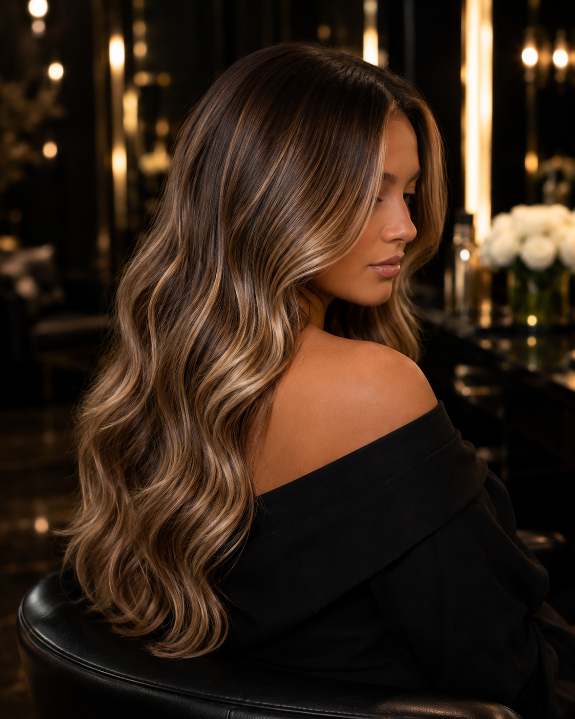 Dimensional balayage highlights on long brunette hair