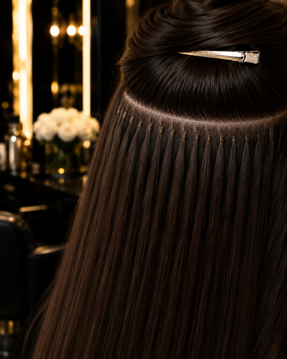 K-tip hair extension application on dark hair